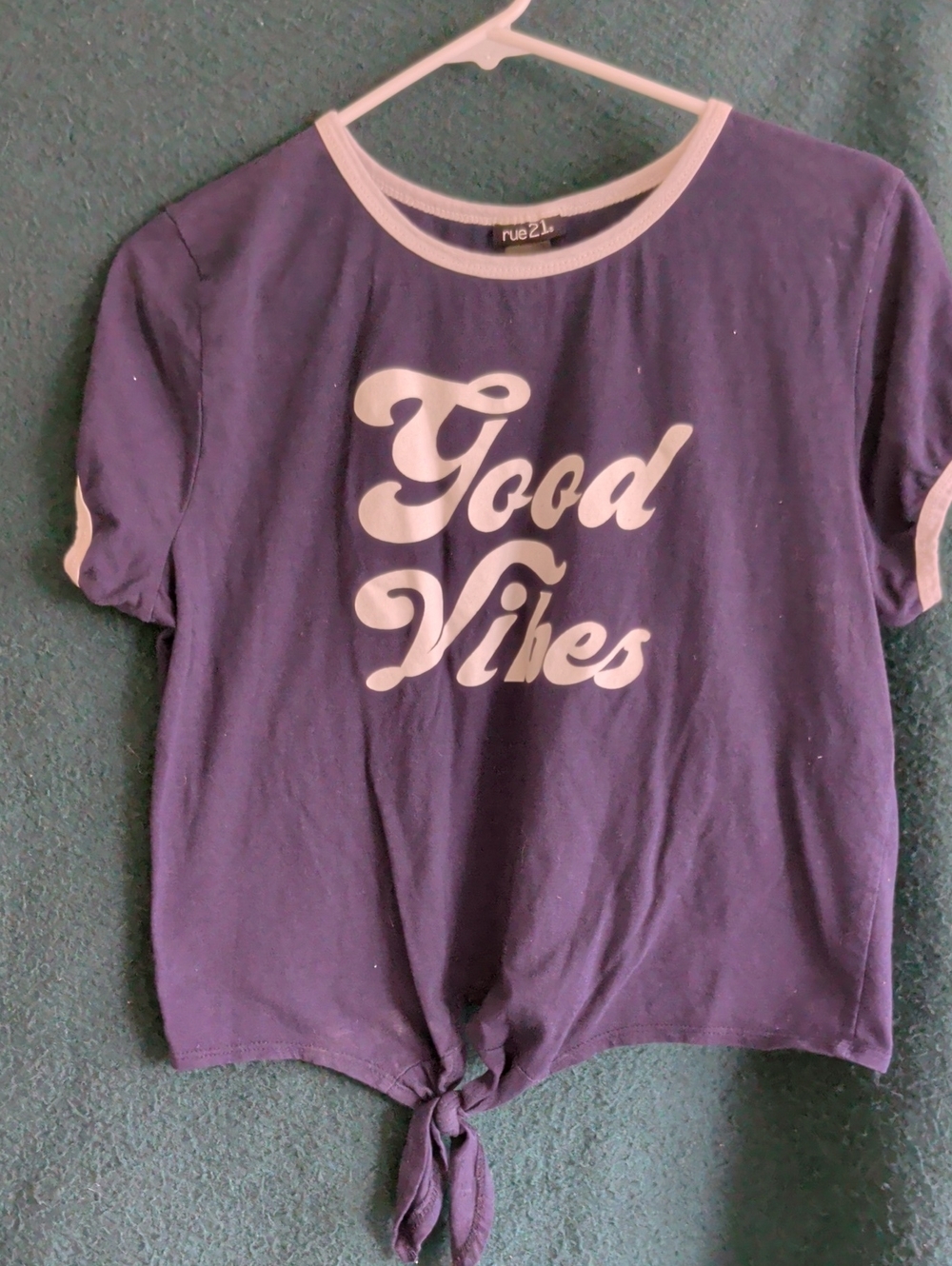 Rue21 Navy Blue Ringer Tee with White 'Good Vibes' Print and Front Tie